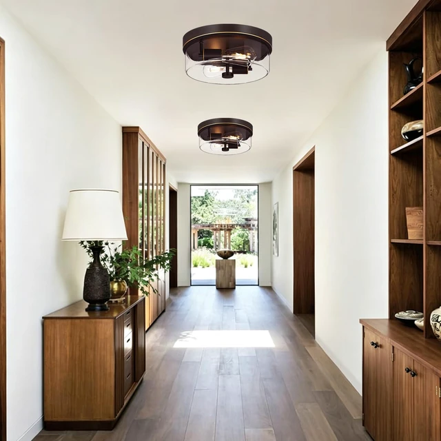 Alt view image 5 of 7 - Flush Mount Ceiling Light Fixtures, 2-Light Oil Rubbed Bronze Ceiling Mount for Farmhouse with Clear Glass Lampshade, Industrial Flush Mount Light Fixture for Hallway, Kitchen, Entryway and Foyer