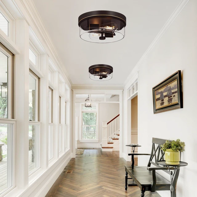 Alt view image 7 of 7 - Flush Mount Ceiling Light Fixtures, 2-Light Oil Rubbed Bronze Ceiling Mount for Farmhouse with Clear Glass Lampshade, Industrial Flush Mount Light Fixture for Hallway, Kitchen, Entryway and Foyer
