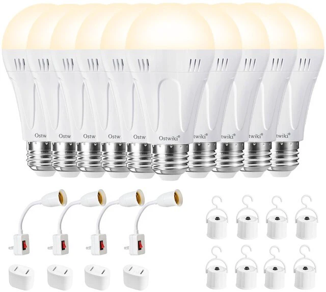 Main image of 10 Pack A19 Rechargeable Emergency Light Bulbs E26 9W 3000K Warm Emergency Light Bulbs for Power Outage, Battery Backup LED for Lamps, Hurricane Blizzard Use, Outdoor Camping Hiking