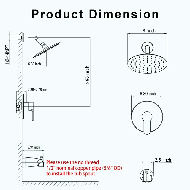 Alt view image 7 of 7 - Tub Shower Faucet Set, 8" Rain Shower Head & Spout, Polished Chrome All-Metal Rainfall Showerhead and Bathtub Spout, Single-Handle Tub Shower-Trim Kit Included Valve, for Bathroom
