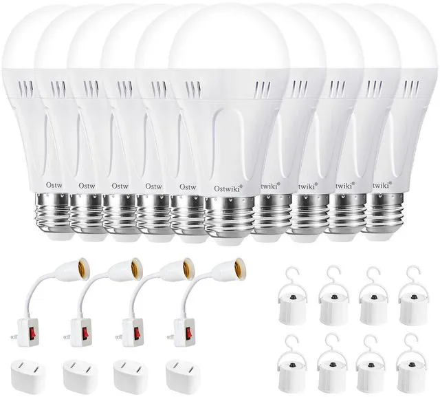 Main image of 10 Pack Rechargeable Light Bulbs Battery Operated A19 Emergency Light Bulbs for Power Outage Hurricane Blizzard Outdoor Activities E26 9W 6500K Daylight