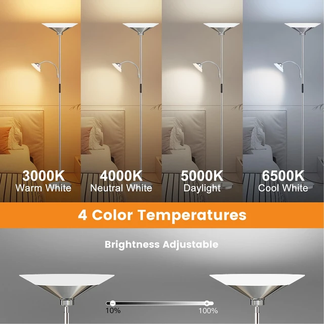 Alt view image 3 of 7 - Metallic Sliver Torchiere Floor Lamp, 2 Way 72'' Dimmable LED Standing lamp with Rmote, Multi Color Temps, 34W Tall Light with Independent Control for Living Room Bedroom Office Reading