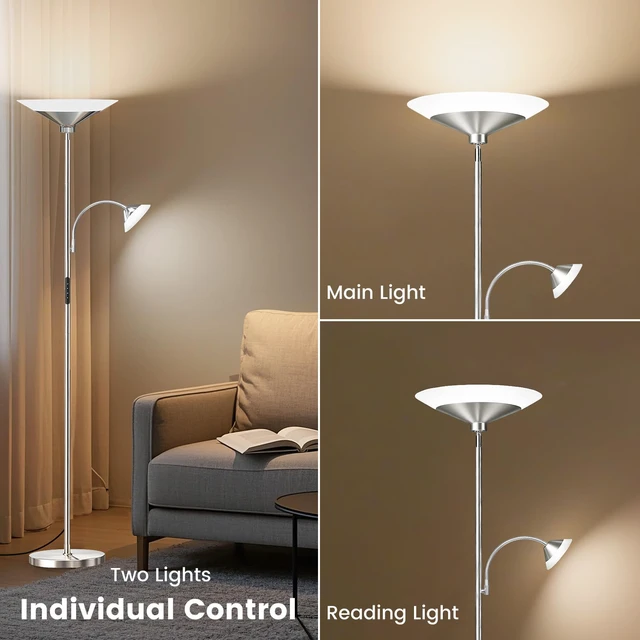 Alt view image 4 of 7 - Metallic Sliver Torchiere Floor Lamp, 2 Way 72'' Dimmable LED Standing lamp with Rmote, Multi Color Temps, 34W Tall Light with Independent Control for Living Room Bedroom Office Reading