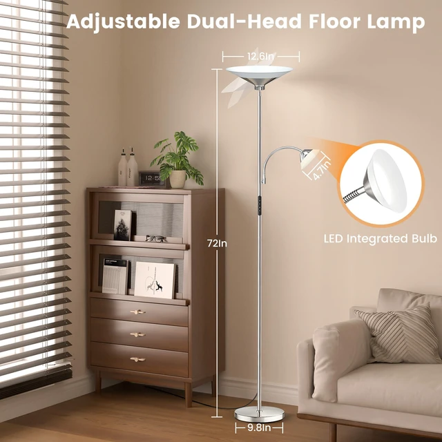 Alt view image 6 of 7 - Metallic Sliver Torchiere Floor Lamp, 2 Way 72'' Dimmable LED Standing lamp with Rmote, Multi Color Temps, 34W Tall Light with Independent Control for Living Room Bedroom Office Reading