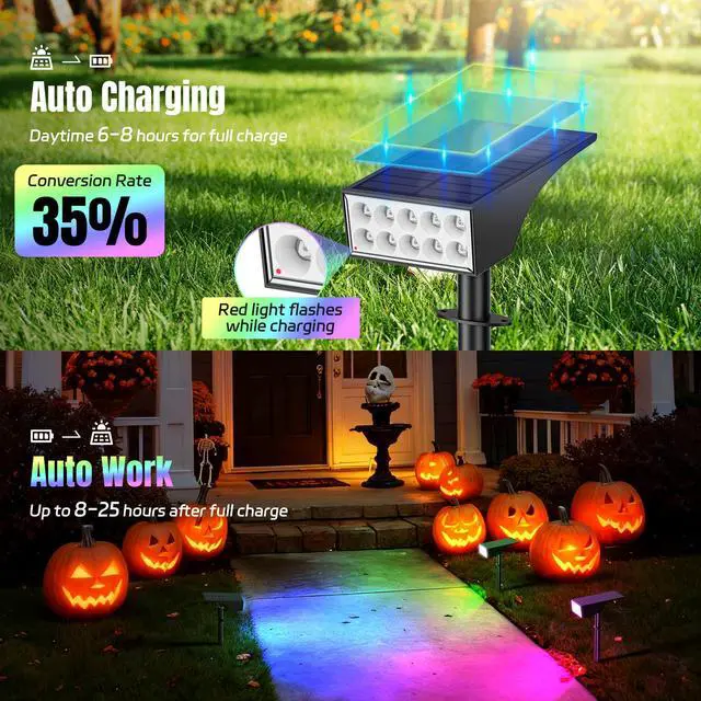 Alt view image 5 of 7 - Solar Spot Lights Outdoor Color Changing 6 Pack Halloween Spotlights IP65 Waterproof, Auto On/Off LED Powered Yard Garden Flood Solar Light for Outside Pathway Wall Tree Lawn Uplights Lights