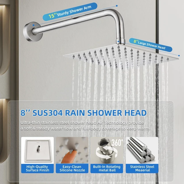 Alt view image 3 of 7 - Shower Faucet Set With 8" Shower Head And Handheld Brushed Wall Mounted Shower System Valve Include 2 Function