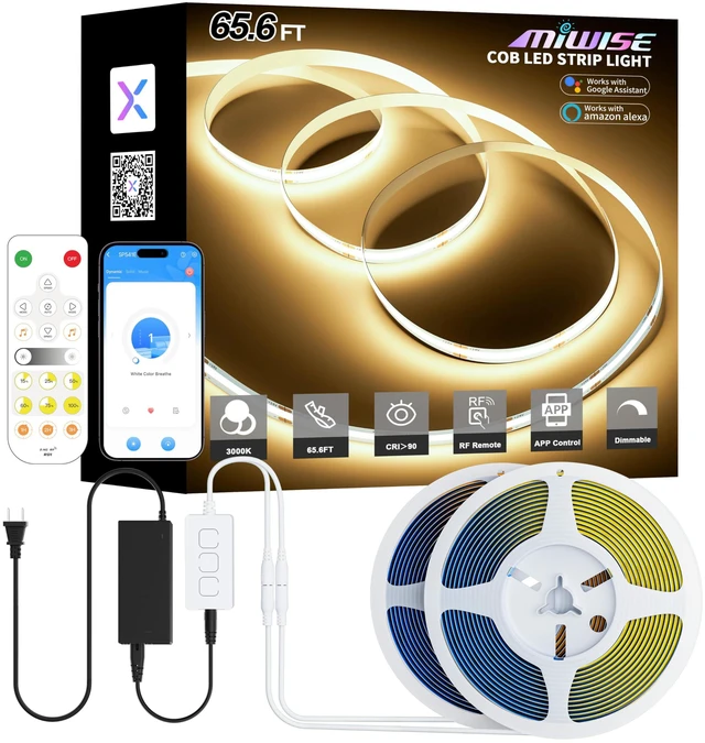 Main image of COB LED Strip Lights 65.6ft/20m,UL-Listed CRI 90+ Dimmable 3000K Warm White Super Bright,with APP Control/RF Remote,Work with Alexa/Google,for Home/Cabinet/Bedroom/Kitchen DIY Lighting Projects
