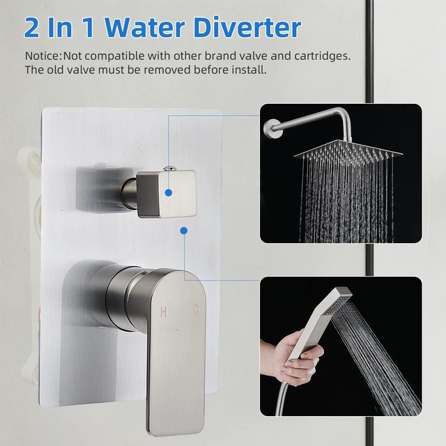 Alt view image 5 of 7 - Shower Faucet Set With 8" Shower Head And Handheld Brushed Wall Mounted Shower System Valve Include 2 Function
