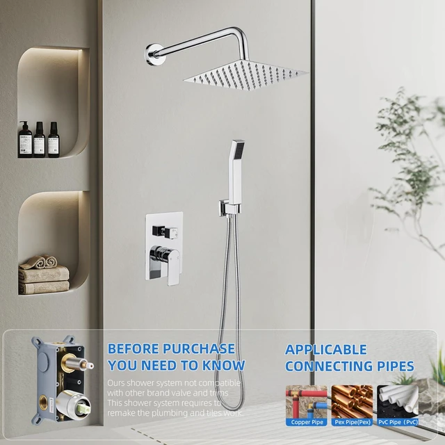 Alt view image 2 of 7 - Shower Faucet Set With 8" Shower Head And Handheld Chrome Wall Mounted Shower System Valve Include 2 Function