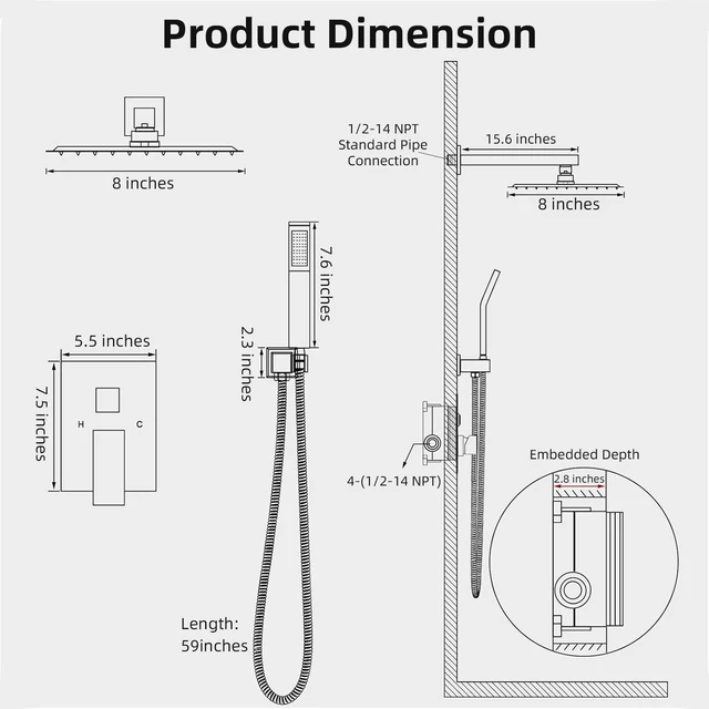 Alt view image 7 of 7 - Shower Faucet Set With 8" Shower Head And Handheld Chrome Wall Mounted Shower System Valve Include 2 Function