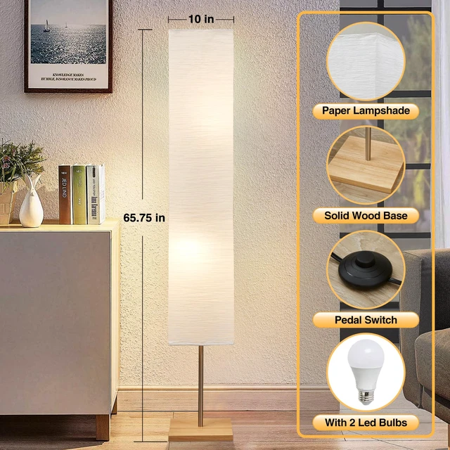 Alt view image 2 of 7 - Floor Lamp for Living Room, Standing Lamp for Bedroom Column Tall Lamp Color Temperature Adjustable Corner Floor Lamp With Wood Base and Paper Shade(Bulbs Included)
