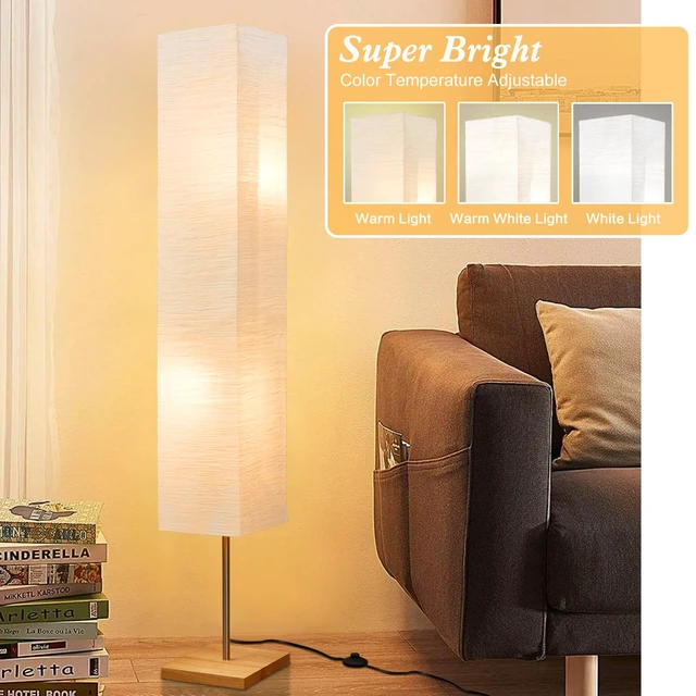 Alt view image 4 of 7 - Floor Lamp for Living Room, Standing Lamp for Bedroom Column Tall Lamp Color Temperature Adjustable Corner Floor Lamp With Wood Base and Paper Shade(Bulbs Included)