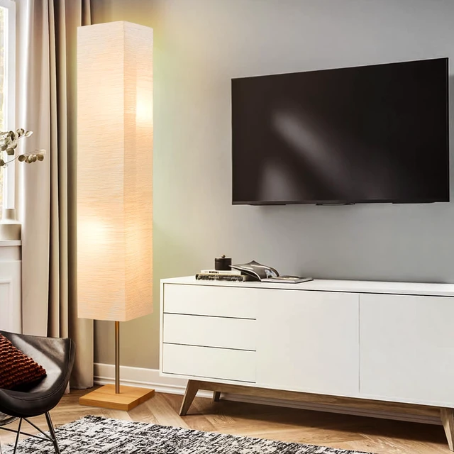 Alt view image 5 of 7 - Floor Lamp for Living Room, Standing Lamp for Bedroom Column Tall Lamp Color Temperature Adjustable Corner Floor Lamp With Wood Base and Paper Shade(Bulbs Included)