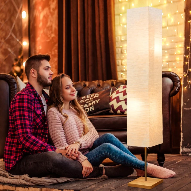 Alt view image 7 of 7 - Floor Lamp for Living Room, Standing Lamp for Bedroom Column Tall Lamp Color Temperature Adjustable Corner Floor Lamp With Wood Base and Paper Shade(Bulbs Included)