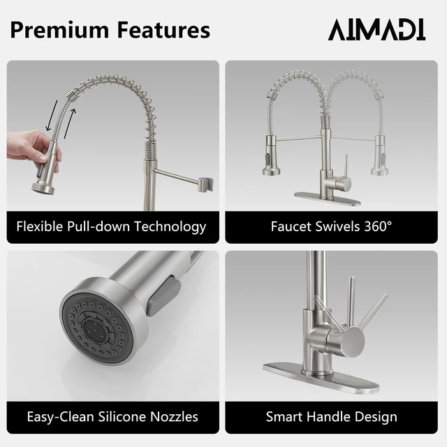 Alt view image 4 of 6 - Kitchen Faucets with Deck Plate,Contemporary Single Handle Stainless Steel Brushed Nickel Pull Down Kitchen Sink Faucets