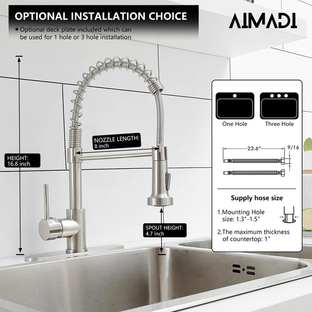 Alt view image 6 of 6 - Kitchen Faucets with Deck Plate,Contemporary Single Handle Stainless Steel Brushed Nickel Pull Down Kitchen Sink Faucets