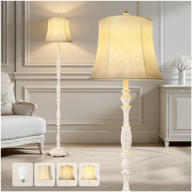 Main image of Rustic 66 Wash White Floor Lamp for Living Room Bedroom Resin Carved Standing Lamp with Faux Leather Shade, Adjustable Bulb, Rotary Switch Rustic Lamp Decor for Home Room Office
