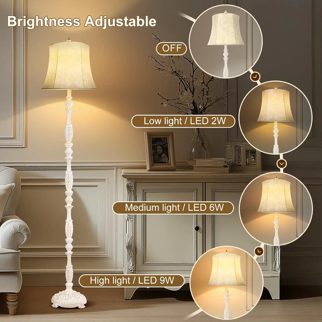 Alt view image 3 of 6 - Rustic 66 Wash White Floor Lamp for Living Room Bedroom Resin Carved Standing Lamp with Faux Leather Shade, Adjustable Bulb, Rotary Switch Rustic Lamp Decor for Home Room Office