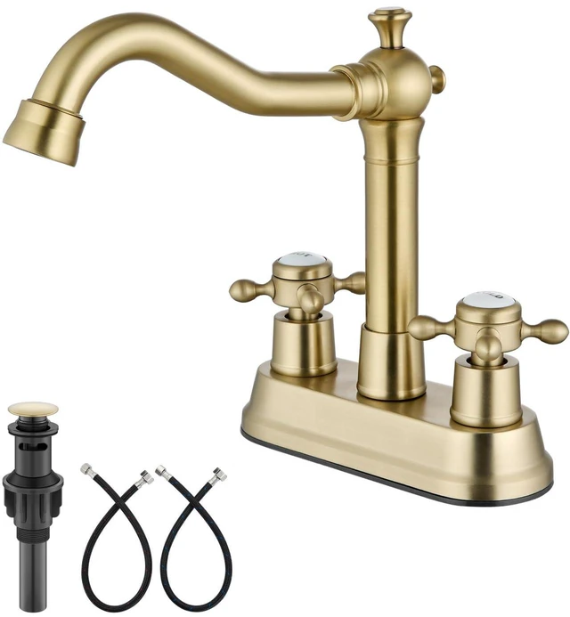 Main image of 4 Inch Centerset Bathroom Sink Faucet 2 H&C Handle Brushed Gold Swivel Spout,Hot&Cold Label Cross Handle,Pop Up Drain,cUPC Hose,SUS304,for 2 or 3 Hole Sink,Lavatory,Vintage,Farmhouse,RV