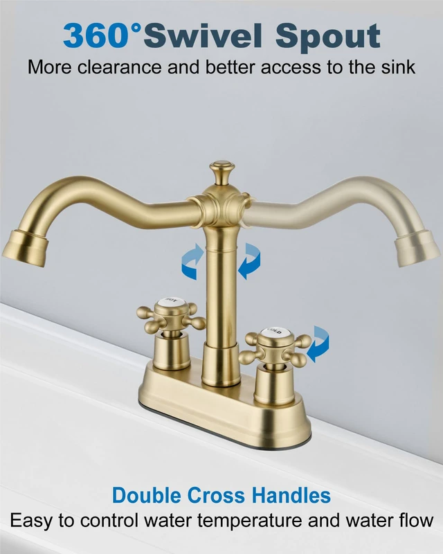 Alt view image 2 of 7 - 4 Inch Centerset Bathroom Sink Faucet 2 H&C Handle Brushed Gold Swivel Spout,Hot&Cold Label Cross Handle,Pop Up Drain,cUPC Hose,SUS304,for 2 or 3 Hole Sink,Lavatory,Vintage,Farmhouse,RV