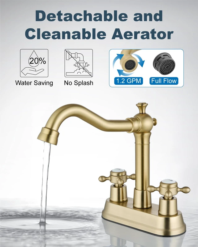Alt view image 3 of 7 - 4 Inch Centerset Bathroom Sink Faucet 2 H&C Handle Brushed Gold Swivel Spout,Hot&Cold Label Cross Handle,Pop Up Drain,cUPC Hose,SUS304,for 2 or 3 Hole Sink,Lavatory,Vintage,Farmhouse,RV