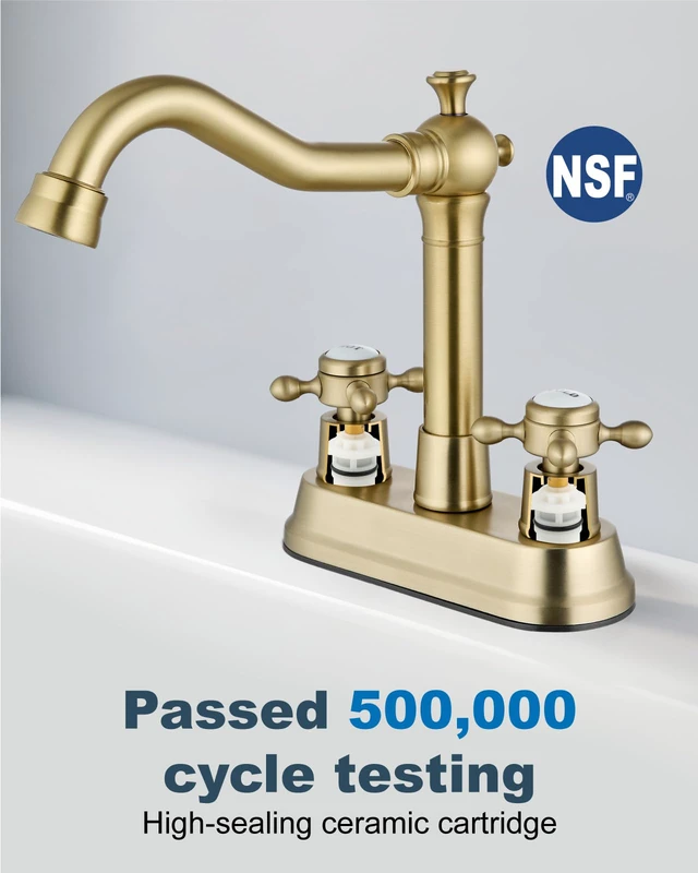 Alt view image 4 of 7 - 4 Inch Centerset Bathroom Sink Faucet 2 H&C Handle Brushed Gold Swivel Spout,Hot&Cold Label Cross Handle,Pop Up Drain,cUPC Hose,SUS304,for 2 or 3 Hole Sink,Lavatory,Vintage,Farmhouse,RV