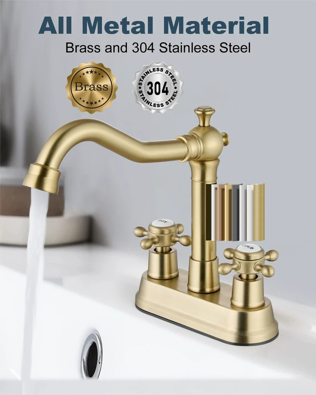 Alt view image 5 of 7 - 4 Inch Centerset Bathroom Sink Faucet 2 H&C Handle Brushed Gold Swivel Spout,Hot&Cold Label Cross Handle,Pop Up Drain,cUPC Hose,SUS304,for 2 or 3 Hole Sink,Lavatory,Vintage,Farmhouse,RV