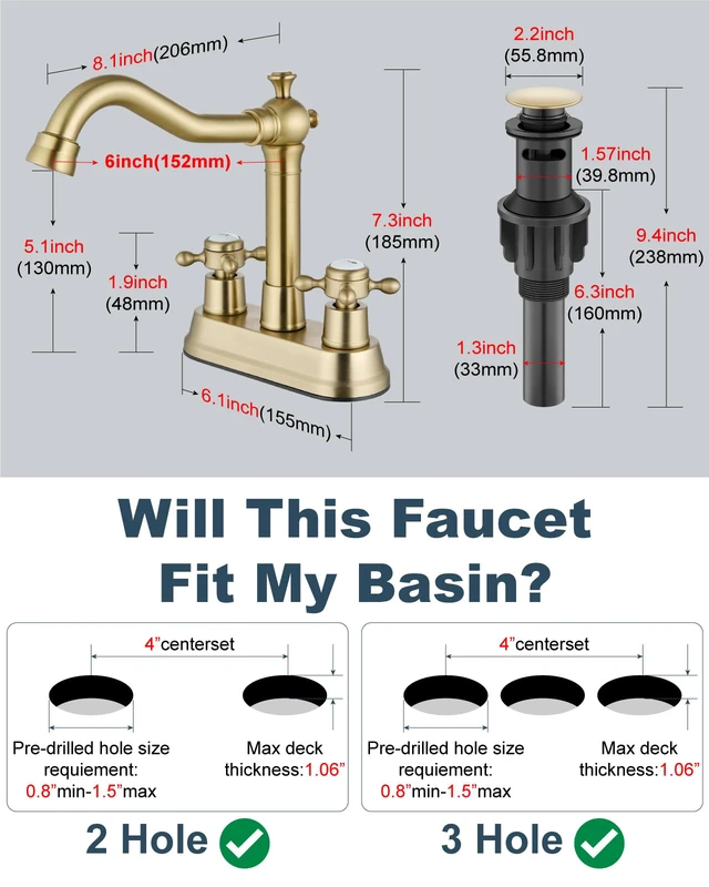 Alt view image 6 of 7 - 4 Inch Centerset Bathroom Sink Faucet 2 H&C Handle Brushed Gold Swivel Spout,Hot&Cold Label Cross Handle,Pop Up Drain,cUPC Hose,SUS304,for 2 or 3 Hole Sink,Lavatory,Vintage,Farmhouse,RV
