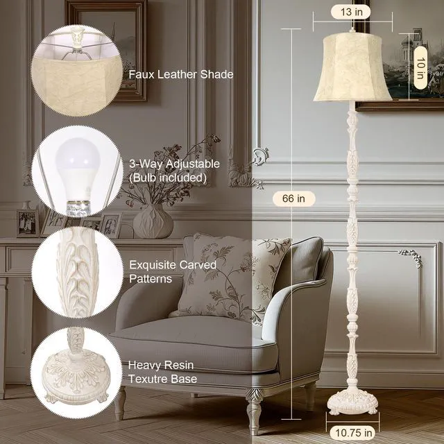Alt view image 6 of 6 - Rustic 66 Wash White Floor Lamp for Living Room Bedroom Resin Carved Standing Lamp with Faux Leather Shade, Adjustable Bulb, Rotary Switch Rustic Lamp Decor for Home Room Office