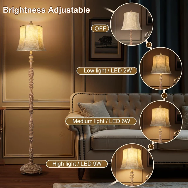 Alt view image 3 of 6 - Vintage 66 Tall Floor Lamp for Living Room Bedroom Resin Carved Standing Lamp with Faux Leather Shade, Adjustable Bulb, Rotary Switch Rustic Lamp for Home Decor (Light Brown)
