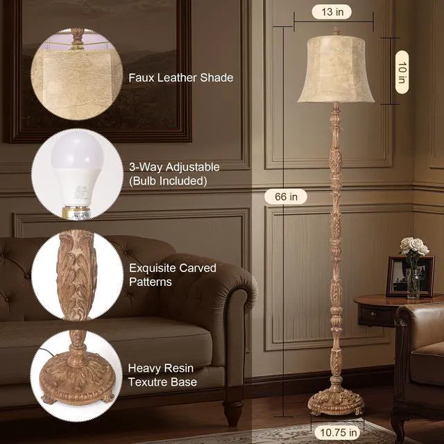 Alt view image 4 of 6 - Vintage 66 Tall Floor Lamp for Living Room Bedroom Resin Carved Standing Lamp with Faux Leather Shade, Adjustable Bulb, Rotary Switch Rustic Lamp for Home Decor (Light Brown)