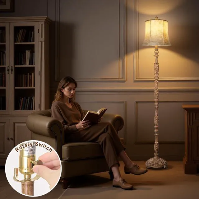 Alt view image 2 of 6 - Vintage 66 Tall Floor Lamp for Living Room Bedroom Resin Carved Standing Lamp with Faux Leather Shade, Adjustable Bulb, Rotary Switch Rustic Lamp for Home Decor (Light Brown)