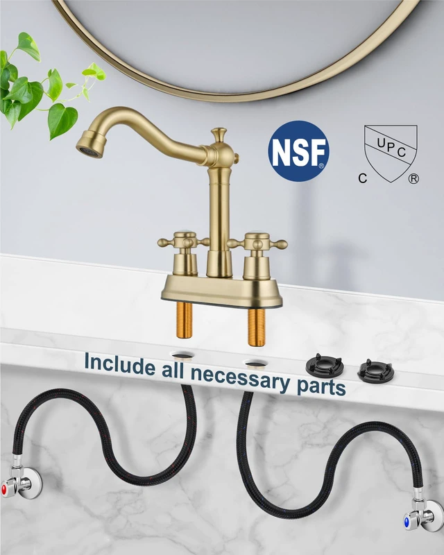 Alt view image 7 of 7 - 4 Inch Centerset Bathroom Sink Faucet 2 H&C Handle Brushed Gold Swivel Spout,Hot&Cold Label Cross Handle,Pop Up Drain,cUPC Hose,SUS304,for 2 or 3 Hole Sink,Lavatory,Vintage,Farmhouse,RV