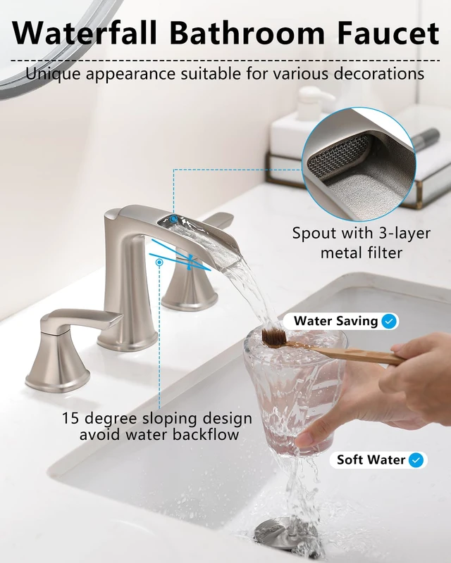 Alt view image 2 of 7 - Brushed Nickel Bathroom Faucet 3 Hole, Waterfall 8 Inch Widespread Bathroom Sink Faucet with Pop-up Drain, Two-Handle Faucet for Bathroom Sink