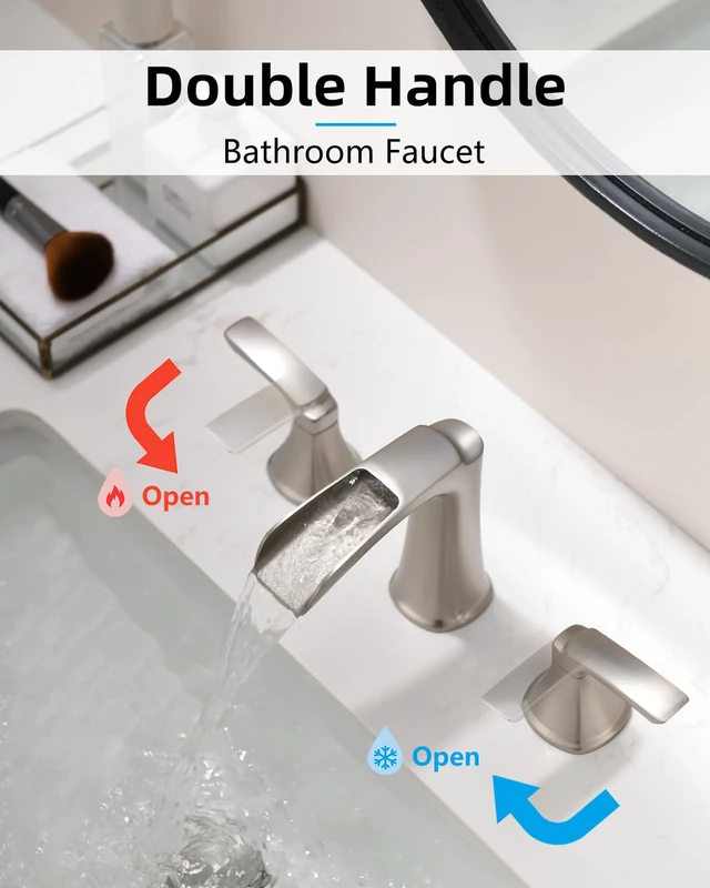 Alt view image 3 of 7 - Brushed Nickel Bathroom Faucet 3 Hole, Waterfall 8 Inch Widespread Bathroom Sink Faucet with Pop-up Drain, Two-Handle Faucet for Bathroom Sink