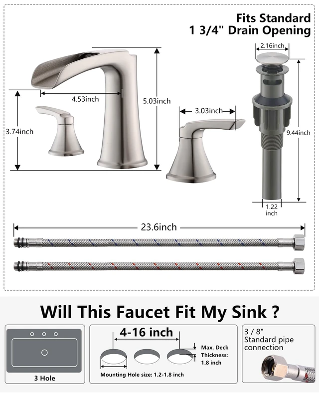 Alt view image 6 of 7 - Brushed Nickel Bathroom Faucet 3 Hole, Waterfall 8 Inch Widespread Bathroom Sink Faucet with Pop-up Drain, Two-Handle Faucet for Bathroom Sink