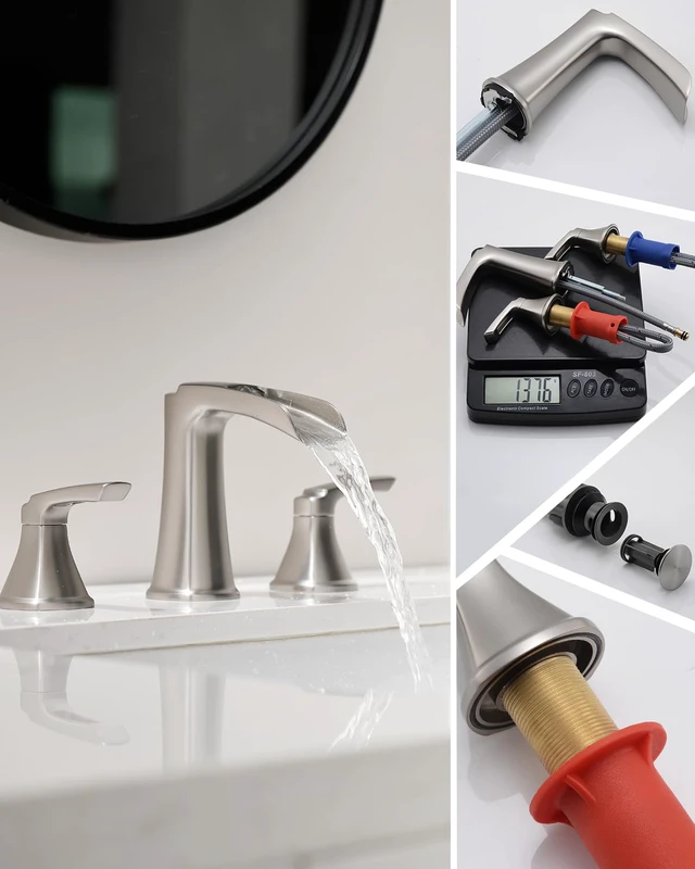 Alt view image 7 of 7 - Brushed Nickel Bathroom Faucet 3 Hole, Waterfall 8 Inch Widespread Bathroom Sink Faucet with Pop-up Drain, Two-Handle Faucet for Bathroom Sink