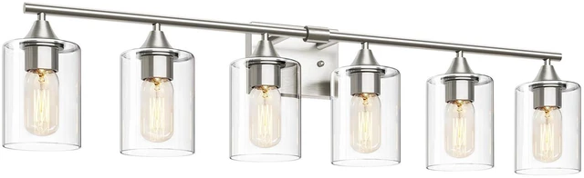 Main image of 6-Light Bathroom Lighting Fixtures Over Mirror,Brushed Nickel Light Fixture Bathroom,Vanity Light with Clear Glass Shade,Modern Wall Lights for Mirror Bedroom Living Hallway