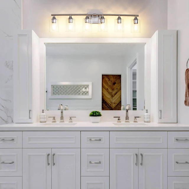Alt view image 2 of 7 - 6-Light Bathroom Lighting Fixtures Over Mirror,Brushed Nickel Light Fixture Bathroom,Vanity Light with Clear Glass Shade,Modern Wall Lights for Mirror Bedroom Living Hallway