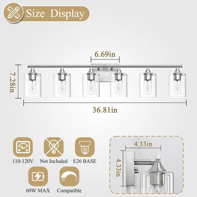 Alt view image 4 of 7 - 6-Light Bathroom Lighting Fixtures Over Mirror,Brushed Nickel Light Fixture Bathroom,Vanity Light with Clear Glass Shade,Modern Wall Lights for Mirror Bedroom Living Hallway