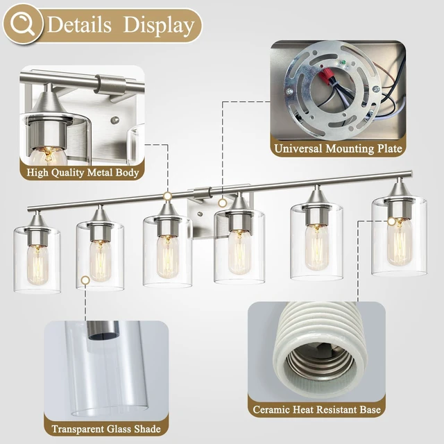 Alt view image 5 of 7 - 6-Light Bathroom Lighting Fixtures Over Mirror,Brushed Nickel Light Fixture Bathroom,Vanity Light with Clear Glass Shade,Modern Wall Lights for Mirror Bedroom Living Hallway