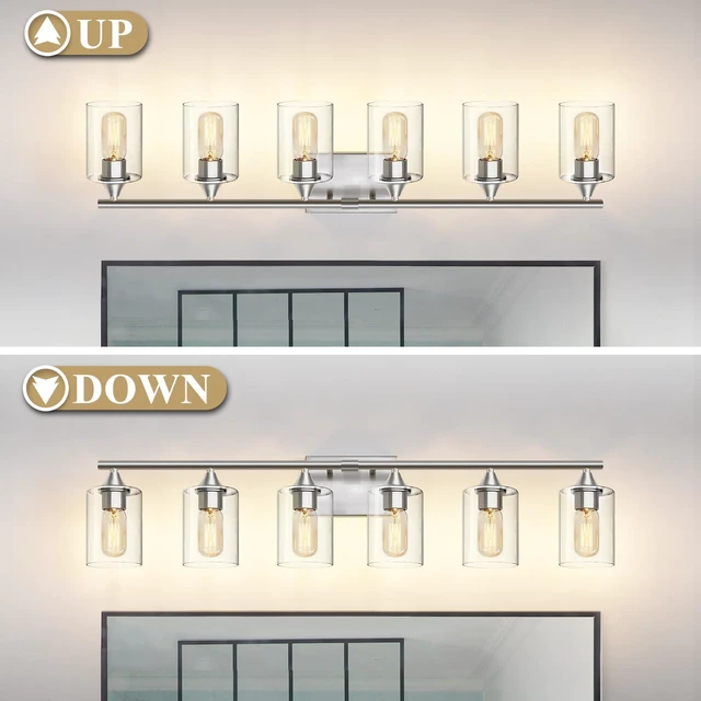 Alt view image 6 of 7 - 6-Light Bathroom Lighting Fixtures Over Mirror,Brushed Nickel Light Fixture Bathroom,Vanity Light with Clear Glass Shade,Modern Wall Lights for Mirror Bedroom Living Hallway