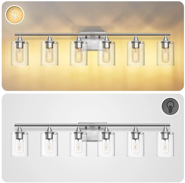 Alt view image 7 of 7 - 6-Light Bathroom Lighting Fixtures Over Mirror,Brushed Nickel Light Fixture Bathroom,Vanity Light with Clear Glass Shade,Modern Wall Lights for Mirror Bedroom Living Hallway