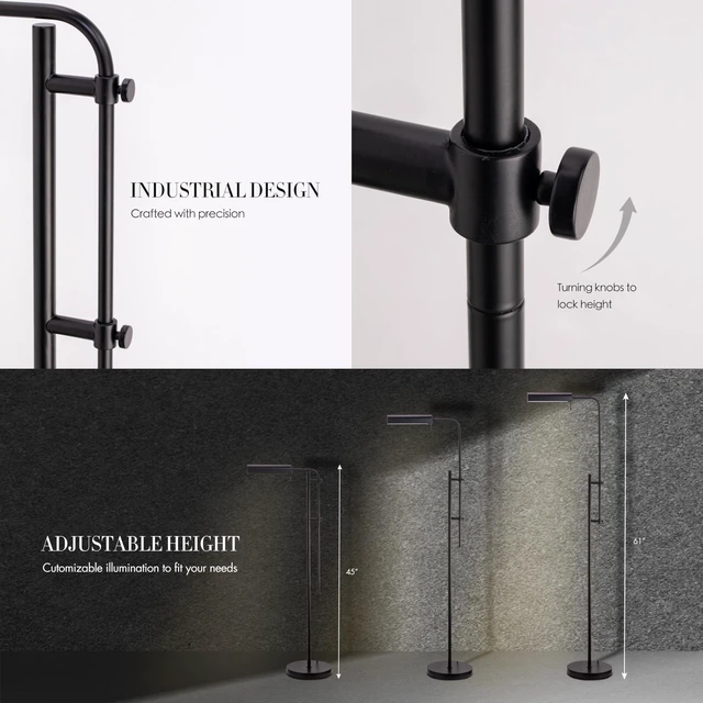 Alt view image 3 of 7 - Cedric Adjustable Pharmacy Floor Lamp - Industrial Design for Reading, Crafting, Work - 10W LED, Height 45-61 inches - Ideal for Living Room, Bedside, Office - Black