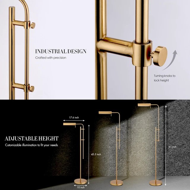 Alt view image 3 of 7 - Cedric Adjustable Pharmacy Floor Lamp - Industrial Design for Reading, Crafting, Work - 10W LED, Height 45-61 inches - Ideal for Living Room, Bedside, Office - Antique Brass (Gold)