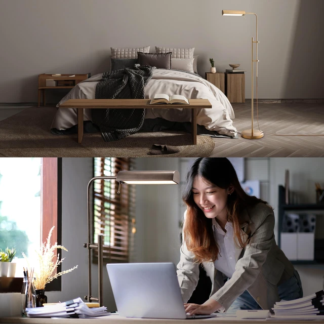 Alt view image 7 of 7 - Cedric Adjustable Pharmacy Floor Lamp - Industrial Design for Reading, Crafting, Work - 10W LED, Height 45-61 inches - Ideal for Living Room, Bedside, Office - Antique Brass (Gold)