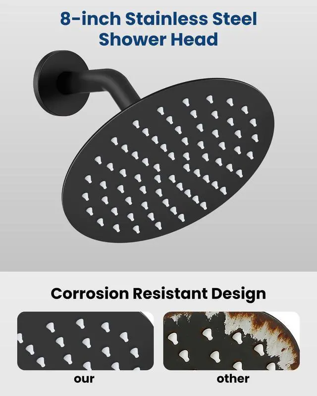 Alt view image 4 of 7 - Shower Faucet Set with Tub Spout,8" Bathtub Faucet-Matte Black Male Threads Rough-In Valve,Round Head Shower System,Tub and Shower Kit Set