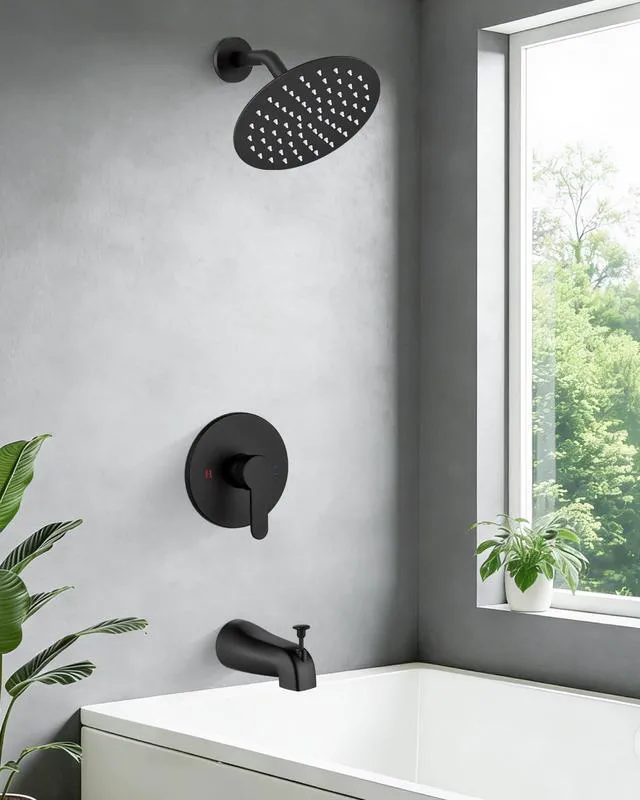 Alt view image 2 of 7 - Shower Faucet Set with Tub Spout,8" Bathtub Faucet-Matte Black Male Threads Rough-In Valve,Round Head Shower System,Tub and Shower Kit Set