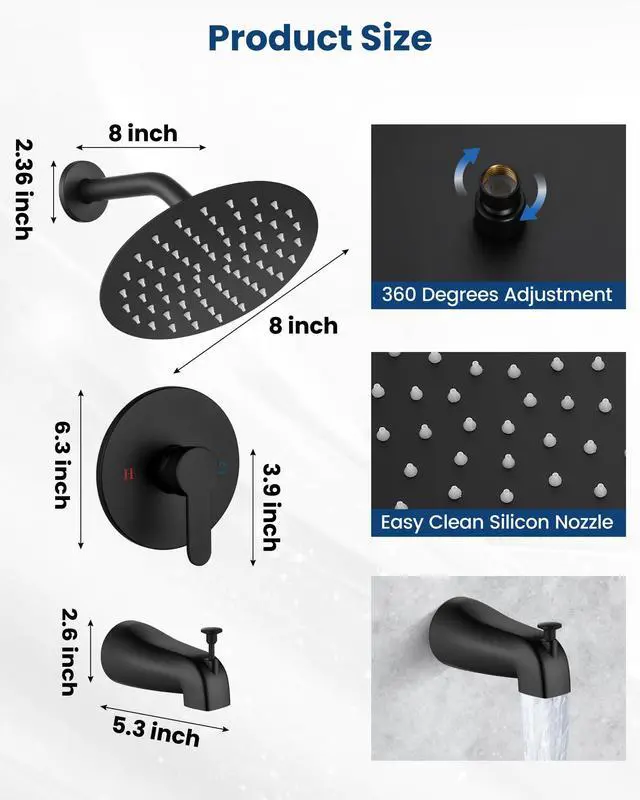 Alt view image 7 of 7 - Shower Faucet Set with Tub Spout,8" Bathtub Faucet-Matte Black Male Threads Rough-In Valve,Round Head Shower System,Tub and Shower Kit Set