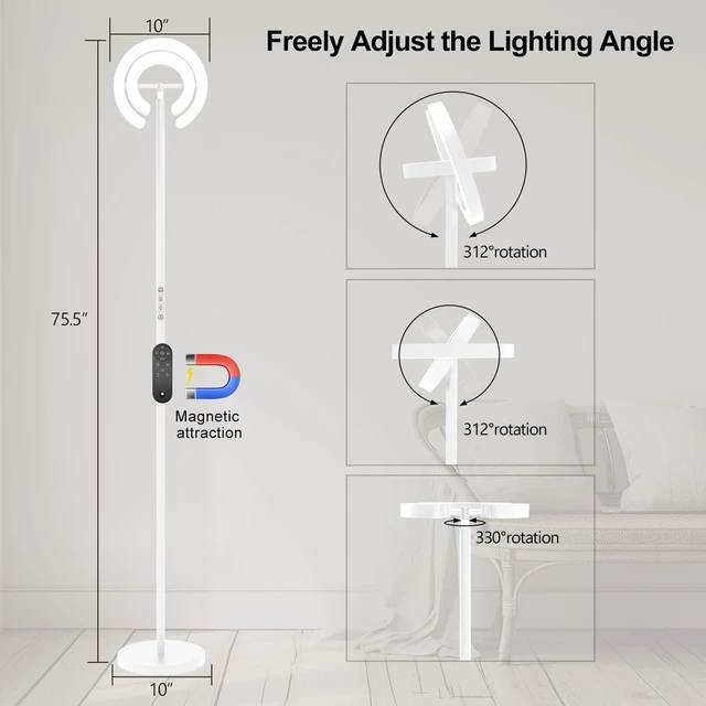 Alt view image 2 of 6 - Torchiere Floor Lamp for Bedroom, 75.5 Inch Tall Corner Standing Lamp for Living Room with Rotatable Ring Lights, 36W Bright Dimmable LED Floor Light with Remote Control for Reading Office